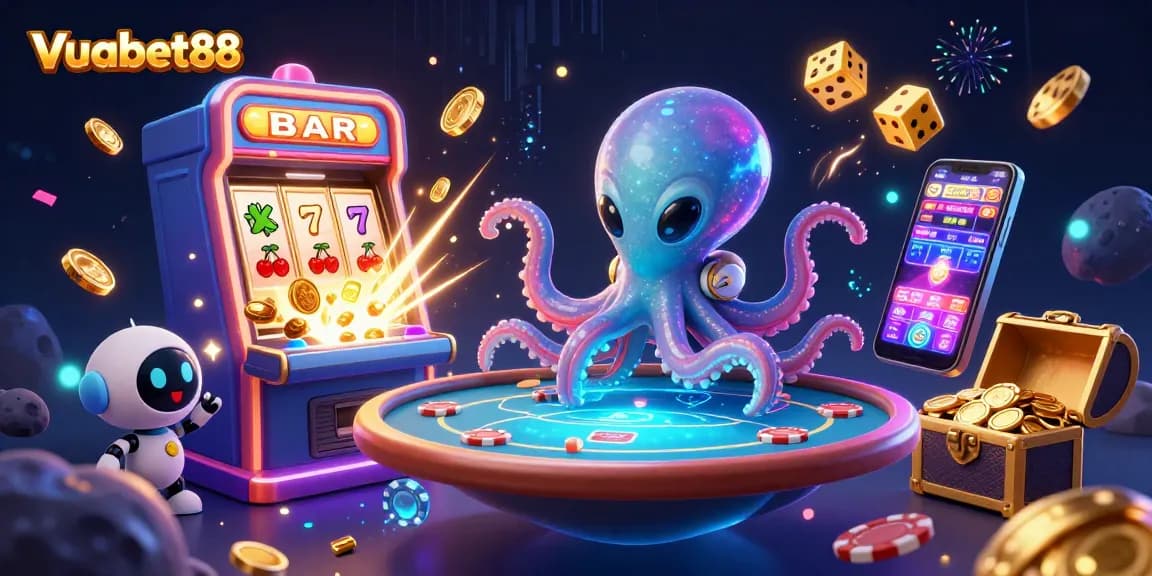 Experience dynamic gaming excitement at Vuabet88 with a vibrant cosmic casino scene featuring a playful alien octopus.