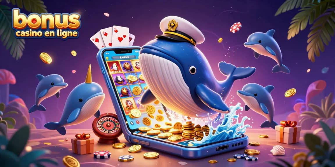 Découvrez le bonus casino en ligne avec une baleine géante et des dauphins en pleine action ludique.