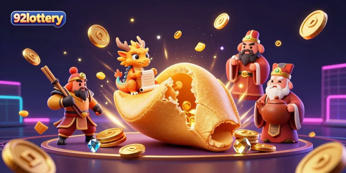 Engage with 92lottery's vibrant casino scene featuring lucky dragon and fortune cookie.