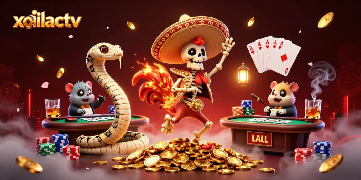 Experience excitement at xoilactv with a dynamic scene of a victory dance amidst poker elements.