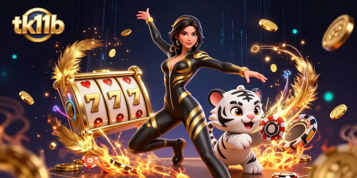 Experience the thrilling gameplay at tk11b with a dynamic scene featuring an acrobatic woman and tiger amid casino elements.