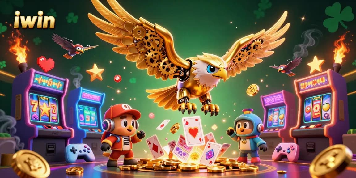 The 3D cybernetic golden eagle representing iwin dives through holographic cards amidst vibrant casino elements.
