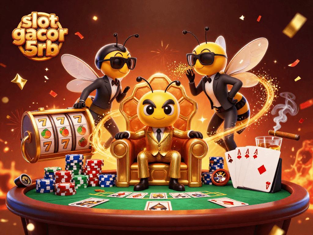 Winning at slot gacor 5rb with a bumblebee mob boss in a lively casino scene.