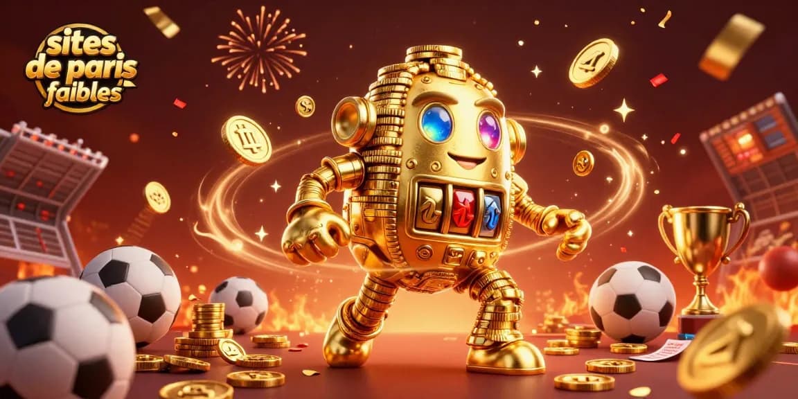 Visualisez des sites de paris sportif fiables illustrés par un golem en or animé, des éléments sportifs et des confettis.