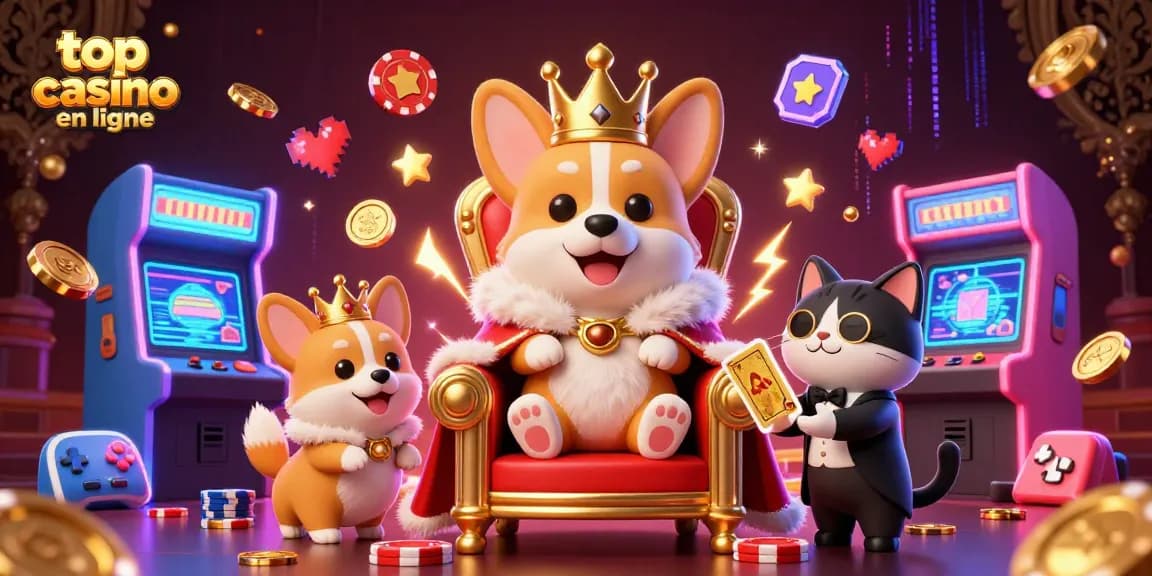 Jouer dans le top casino en ligne, illustrations de croupiers et couronnes dorées dans un décor luxueux