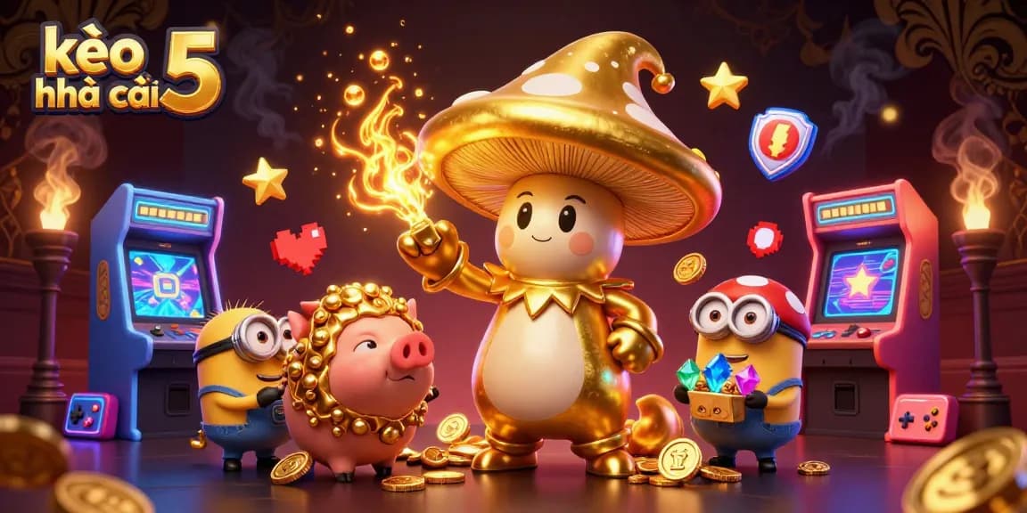 Engage with kèo nhà cái 5 in a magical casino adventure with a golden mushroom wizard and treasures.