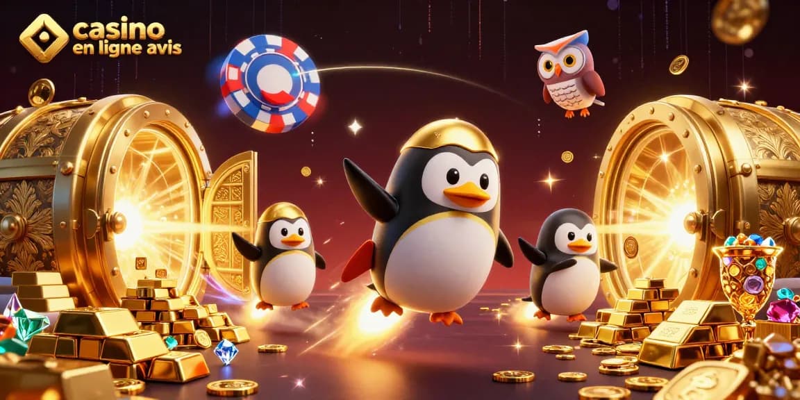 Découvrez l'illustration captivante "avis de casino en ligne" où un pingouin doré navigue entre trésors et jeux de casino.