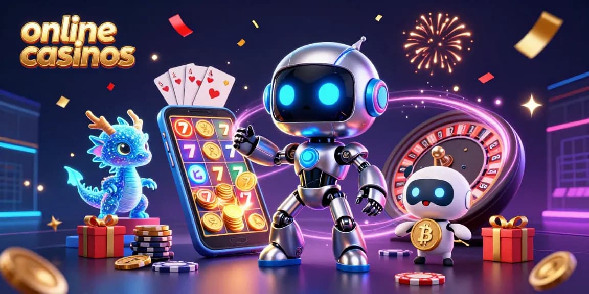 Experience excitement at online casinos with a vibrant scene presenting a cyberpunk robot and digital companions.