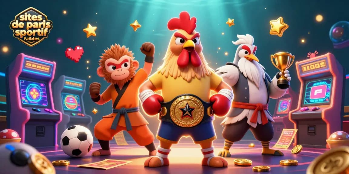 Illustration dynamique des sites de paris sportif fiables avec un coq de Muay Thai et un singe artiste martiaux.