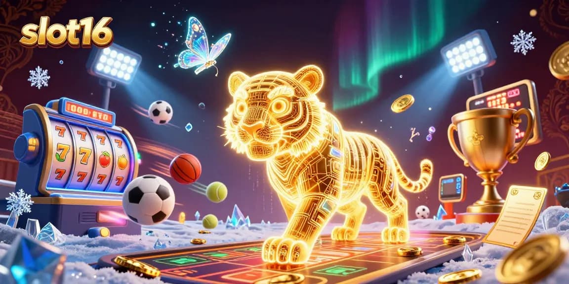 Experience thrilling slot16 gaming with a vibrant golden tiger in a digital casino scene.