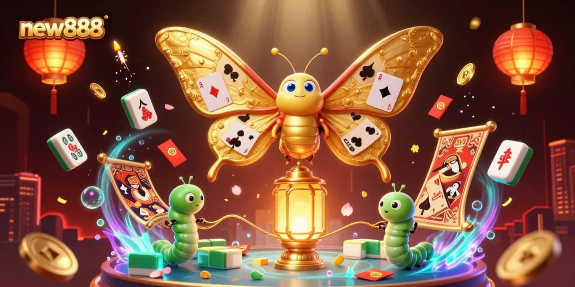 Win big with new888 featuring a majestic atlas moth and dynamic casino elements in an engaging 3D scene.