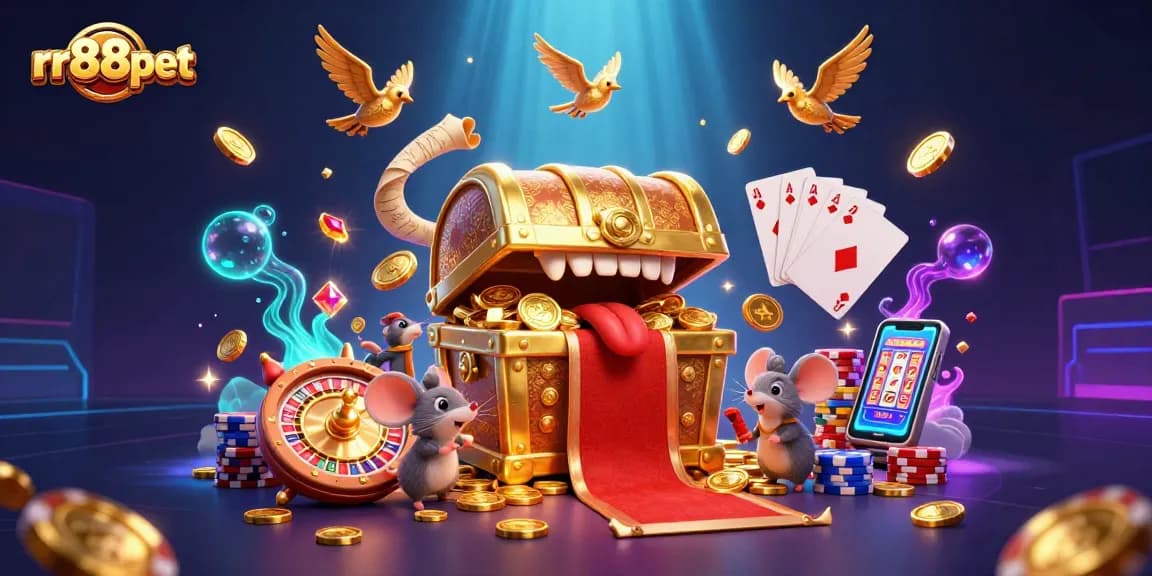 Engage with rr88pet, a vibrant online casino treasure chest illustration filled with thrilling game elements.