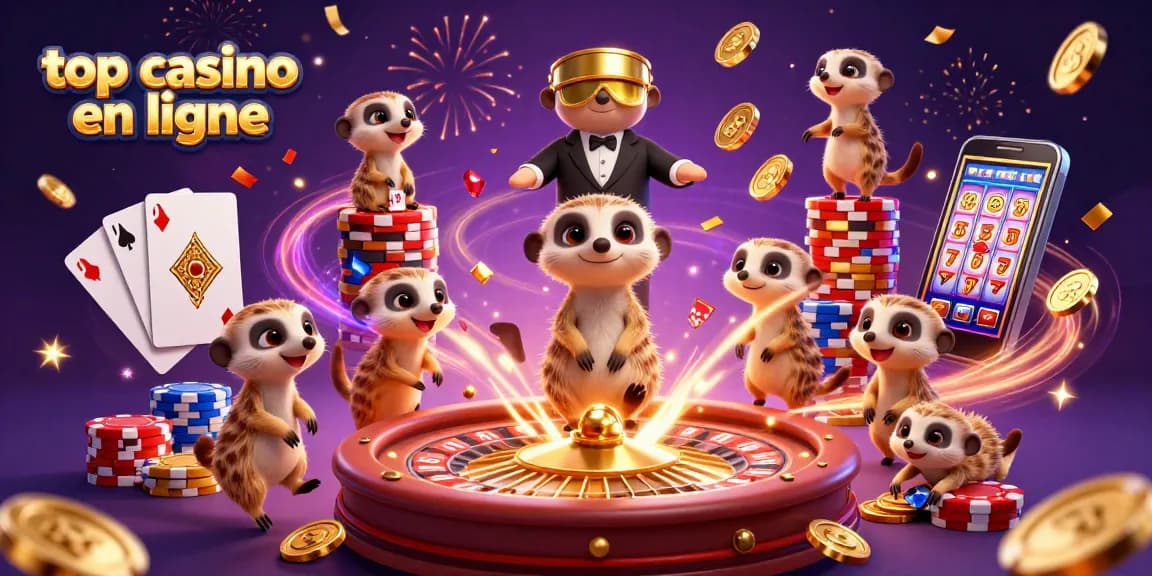 Top casino en ligne avec des meerkats animés gérant des jeux de casino dynamiques.