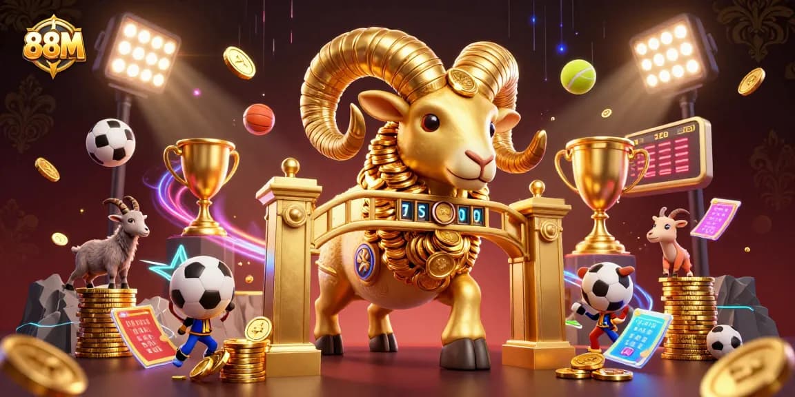 Experience the excitement of 88M with animated golden ram charging at the gate, surrounded by sports elements.