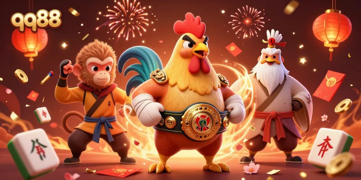 Experience exhilarating gameplay with qq88 featuring a fierce Muay Thai rooster and martial artist in vibrant celebration.