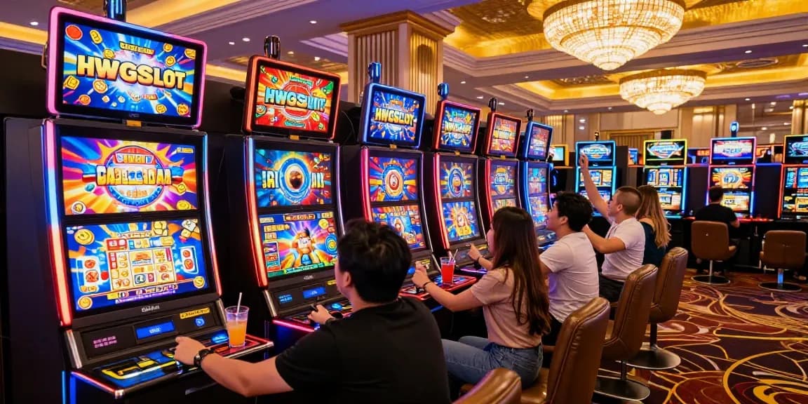 Friends enjoying HWGSLOT at a vibrant casino slot machine, showcasing excitement and luxury.