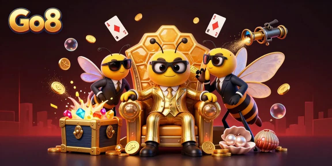 Go8 bumblebee mob boss presiding over a dynamic casino scene filled with gold and treasures.