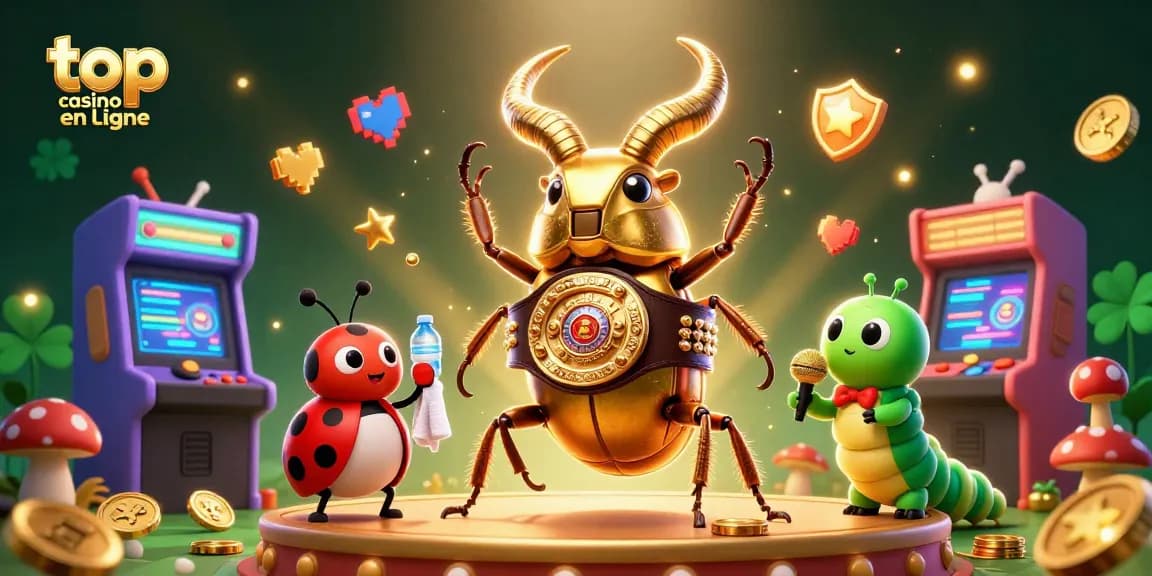 Le meilleur casino en ligne présente un combat épique animé entre un scarabée géant et un animateur, entourés de jeux lumineux.