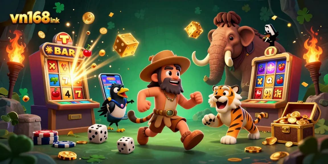 Win big with vn168 ink at an exciting prehistoric casino featuring animated characters and vibrant elements.