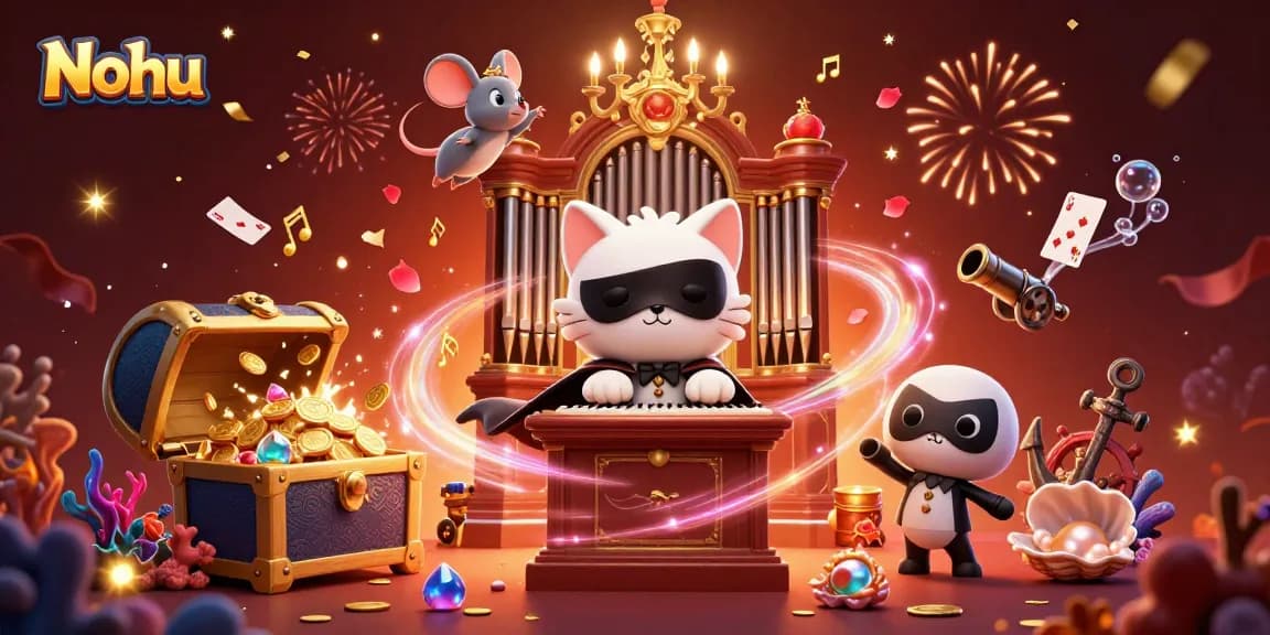 Nohu engages players in vibrant slot gameplay amidst a dynamic casino scene filled with treasures.