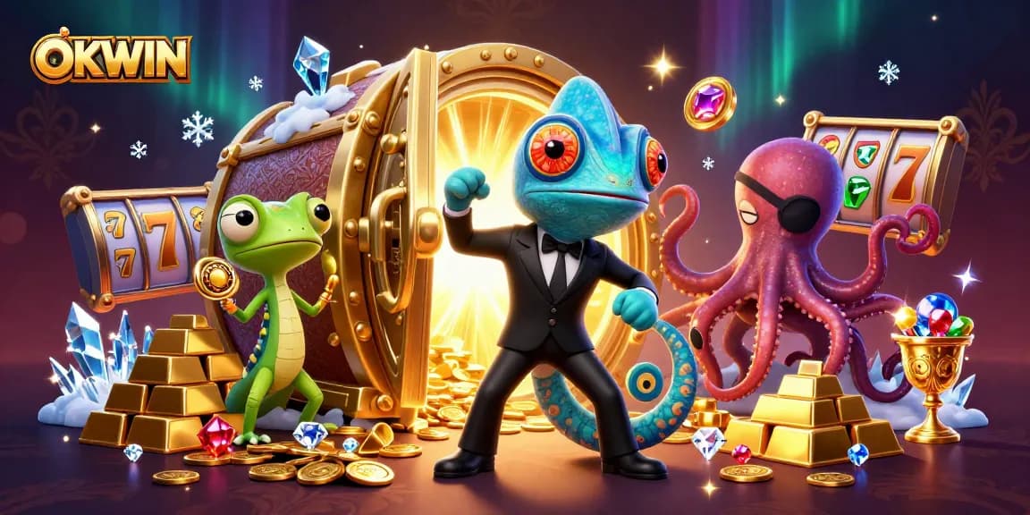 Engage in thrilling gaming with OKWIN's vibrant 3D illustration featuring exciting casino elements.