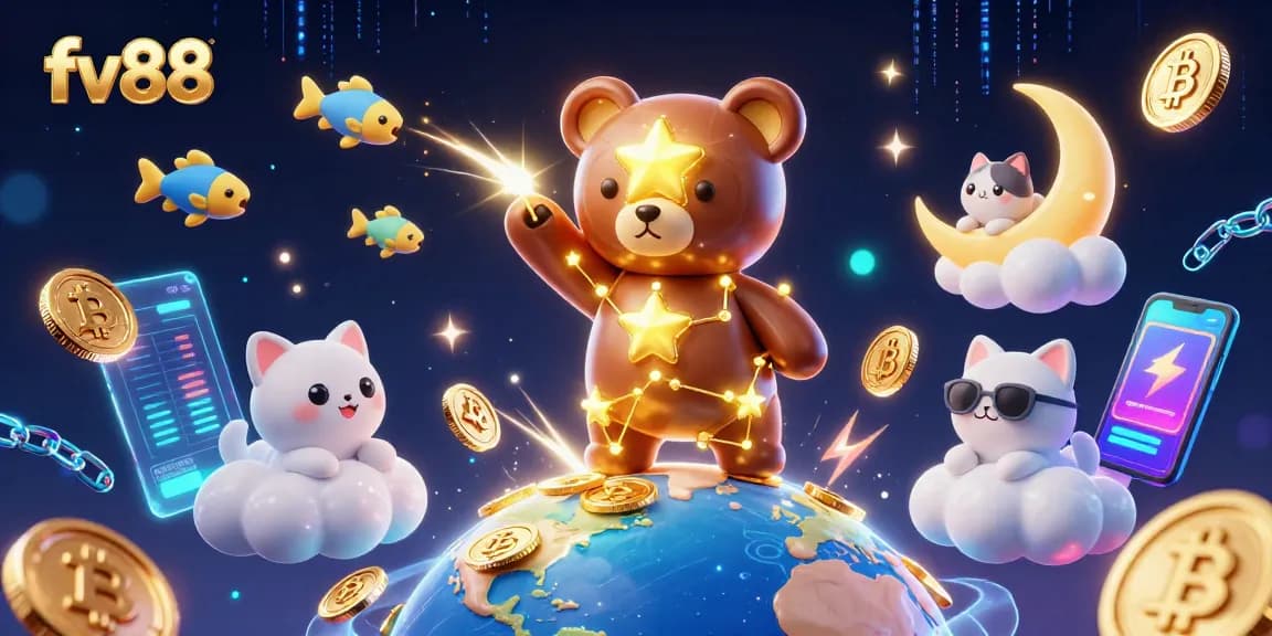 Enjoy thrilling gaming adventures with fv88, featuring a vibrant 3D casino illustration of a constellation bear and coins.