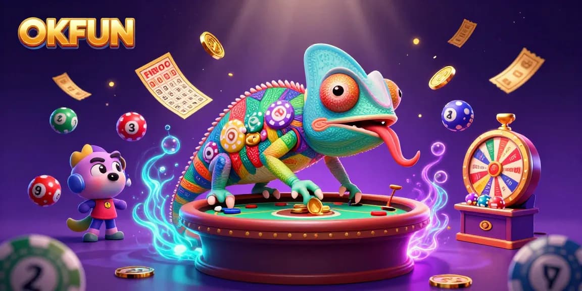 Engage with OKFUN's colorful casino adventures featuring the dynamic chameleon owner amidst vibrant gambling elements.