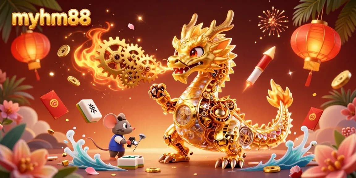 Engage in thrilling gameplay with myhm88, featuring a vibrant 3D dragon amidst casino games and lucky symbols.