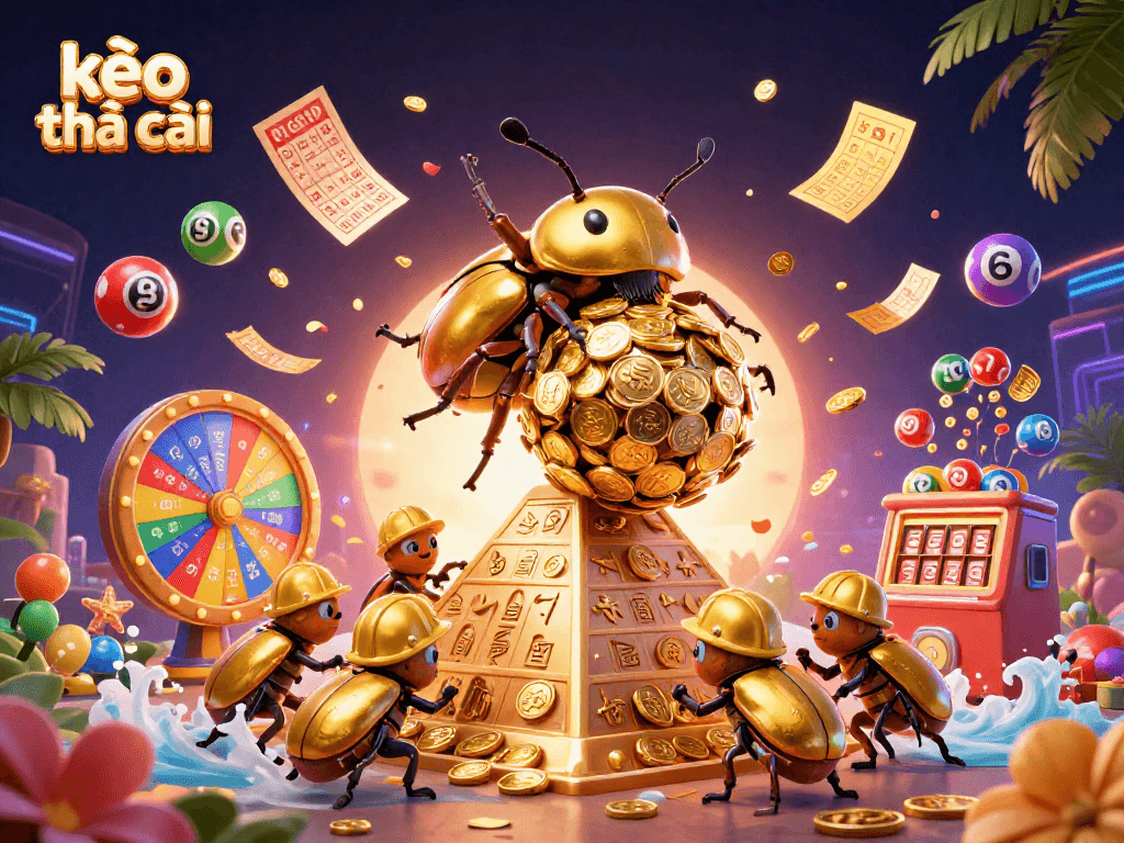 Experience the thrill of kèo nhà cái with dynamic scenes of golden beetles and casino elements.