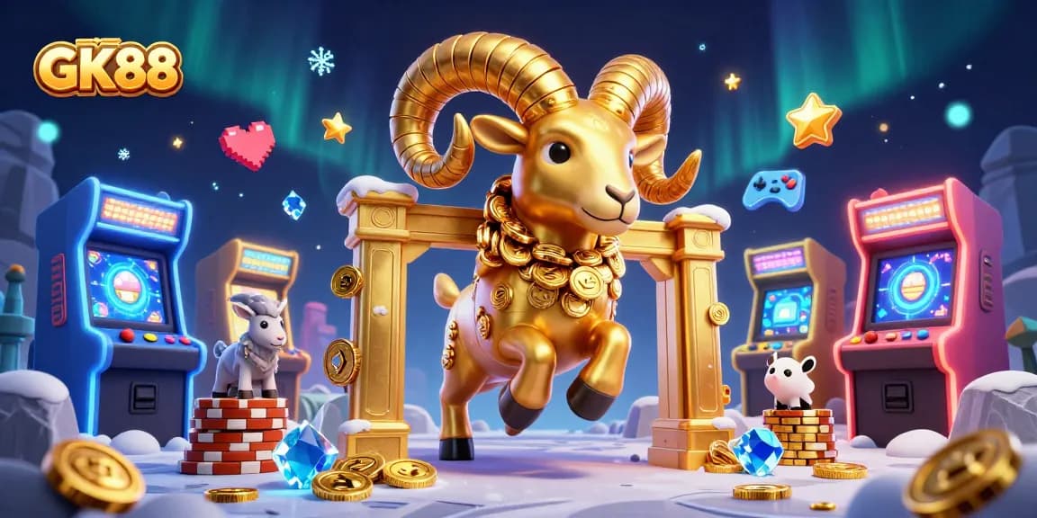 GK88 offers an exciting clash of wealth and gaming featuring a golden ram charging through a vibrant casino scene.