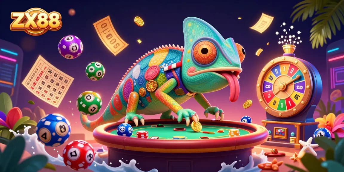Experience thrilling gambling at ZX88 with vibrant casino elements and a playful chameleon character.