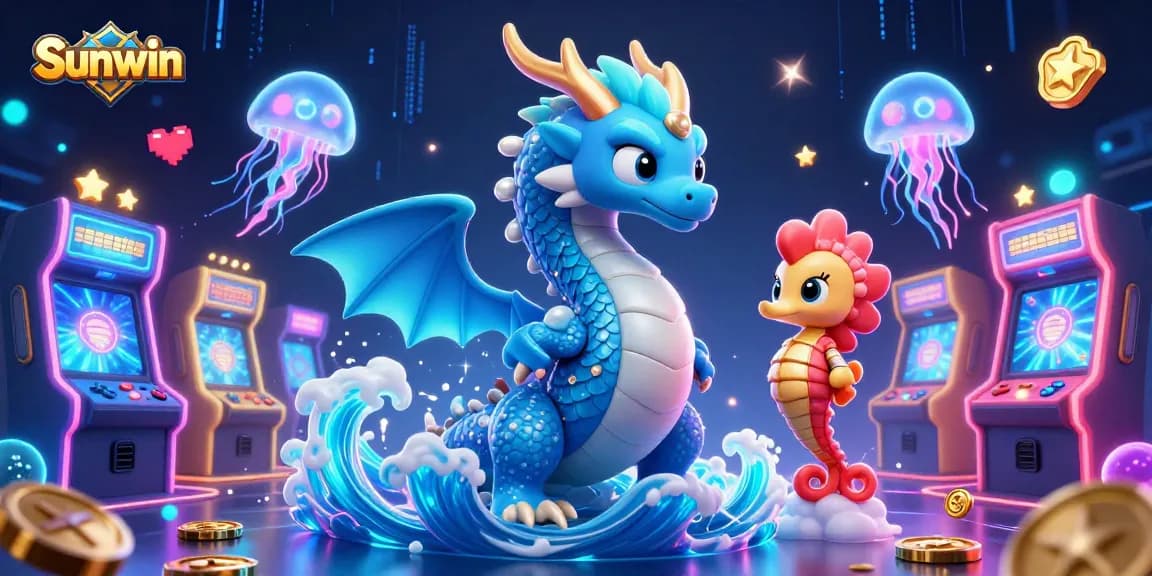 Sunwin offers an exciting underwater adventure featuring a water dragon, seahorse knight, and glowing jellyfish in a vibrant casino scene.