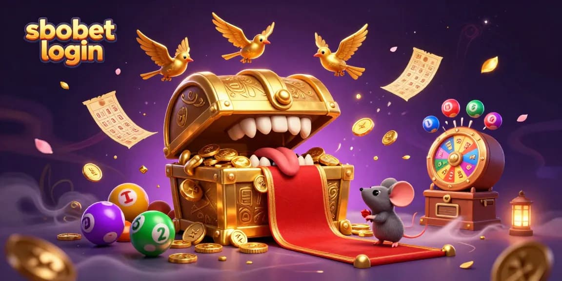 Experience sbobet login with animated treasures and lottery excitement in a vibrant casino scene.