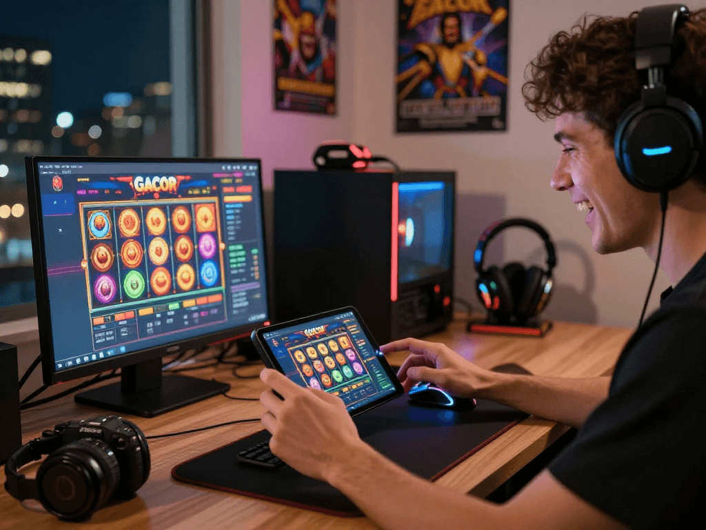 Engaging scene of a player using a mobile device for slot gacor gaming, capturing the excitement of online slots.