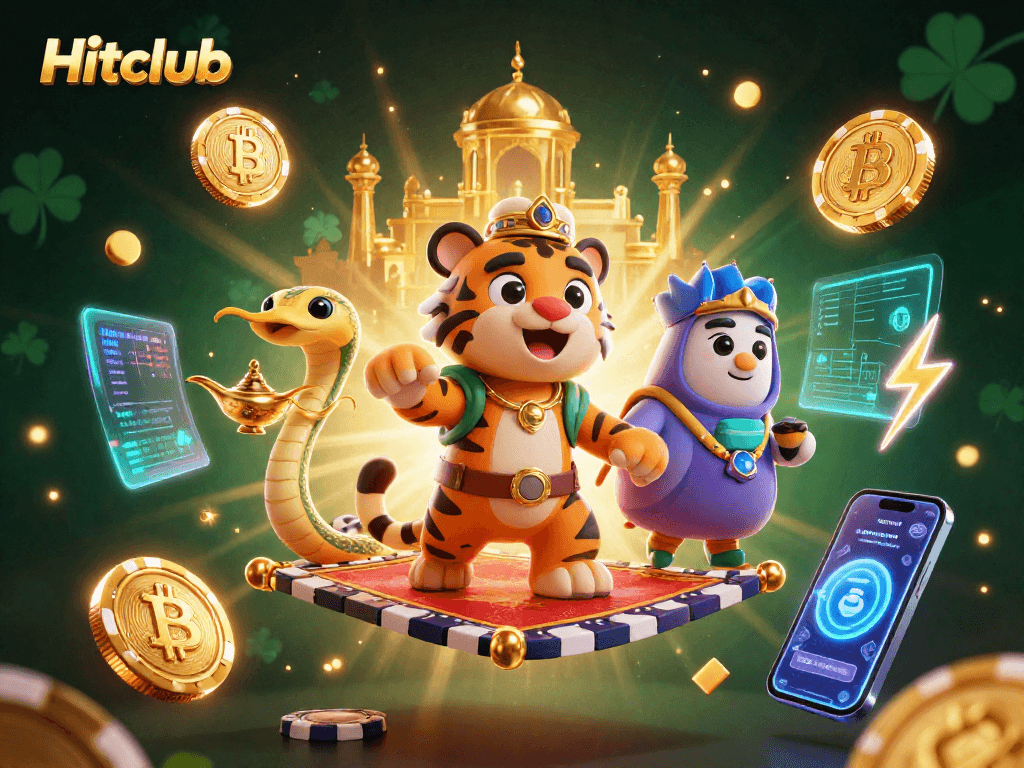 Hitclub ignites excitement with a vibrant 3D scene of casino treasure and cryptocurrency wonders.