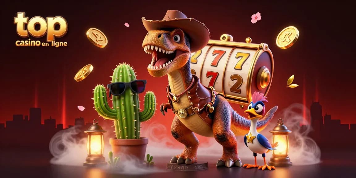 Meilleur casino en ligne avec un dinosaure cowboy et des éléments de jeux dynamiques.