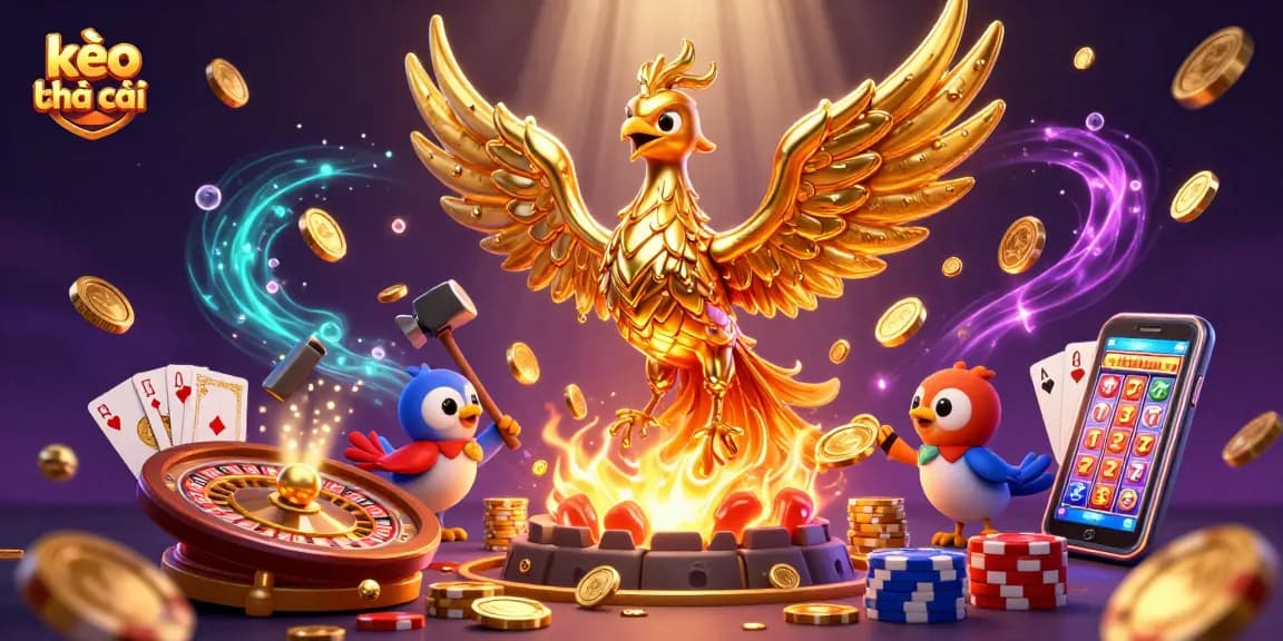 Experience kèo nhà cái visually captivating with golden phoenix emerging in a dynamic scene of casino elements.