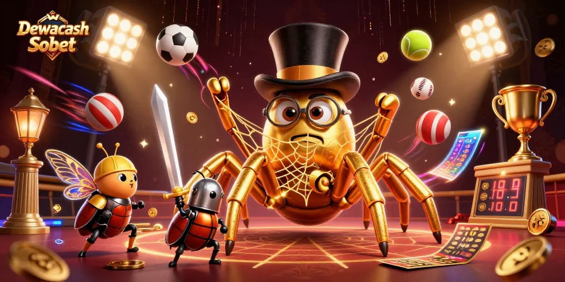 Dewacash Sbobet showcases a vibrant scene with a golden tarantula and beetle knight amid sports betting excitement.
