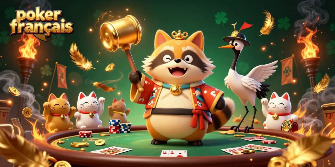 Jouez au poker français avec une scène vibrante et joyeuse où un tanuki et ses amis offrent des gains chanceux.