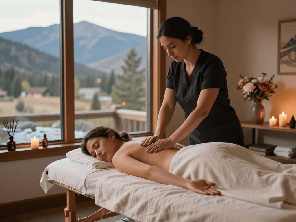 Masseuse in Mammoth Lakes offering a relaxing Swedish massage in a serene setting with mountain views and soothing ambiance.