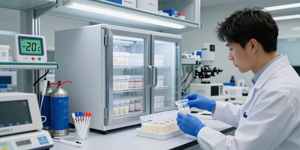 Lab technician handling lyophilisation peptides in secure storage, ensuring optimal preservation temperatures.