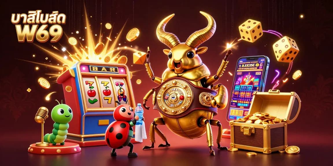 Experience the excitement of คาสิโนสด W69 with a dynamic 3D illustration featuring vibrant casino elements.
