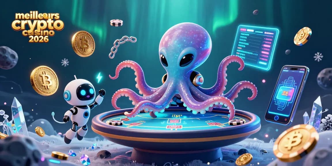 Les meilleurs crypto casino 2026 avec un pieuvre alien et une table de poker holographique.