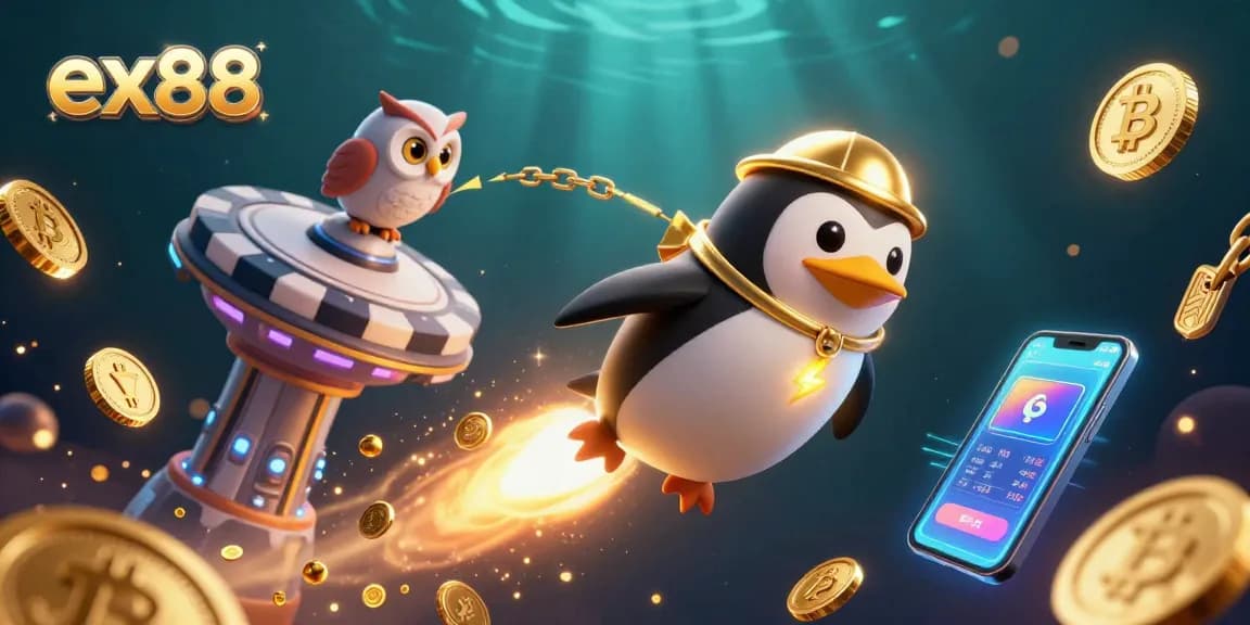 Experience thrilling gameplay at ex88 with a golden penguin racing to a poker chip space station
