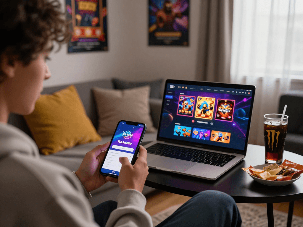 raja328 login interface displayed on a smartphone in a cozy gaming environment
