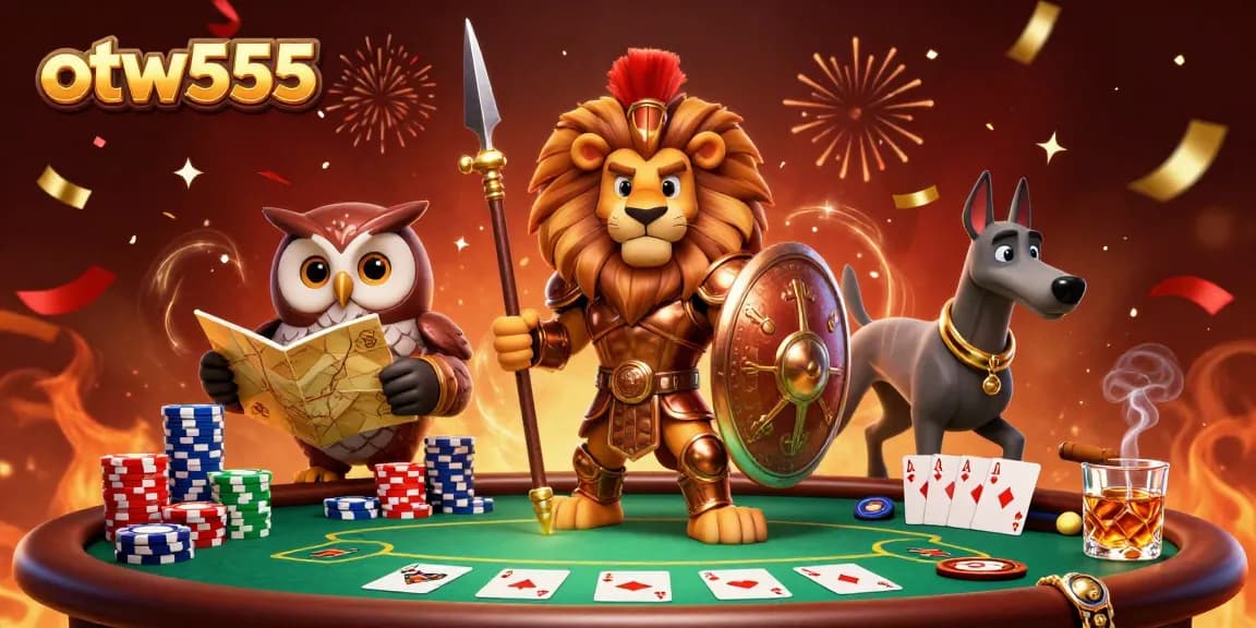 Engage in high-stakes poker with otw555 featuring a Spartan lion and poker elements in a festive atmosphere.