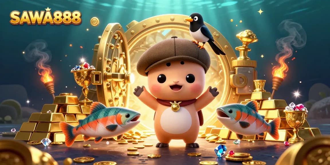 Experience exciting wins at SAWA888 with colorful 3D characters surrounded by treasures and slot themes.