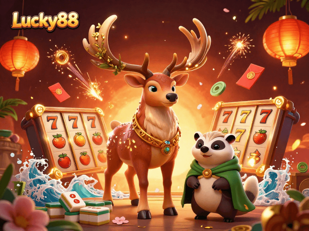 Experience electrifying wins at Lucky88 with vibrant casino elements and enchanting characters.