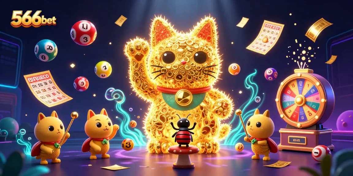 Engage with 566bet's vibrant 3D casino world featuring lucky symbols, colorful lottery balls, and a conductor beetle.