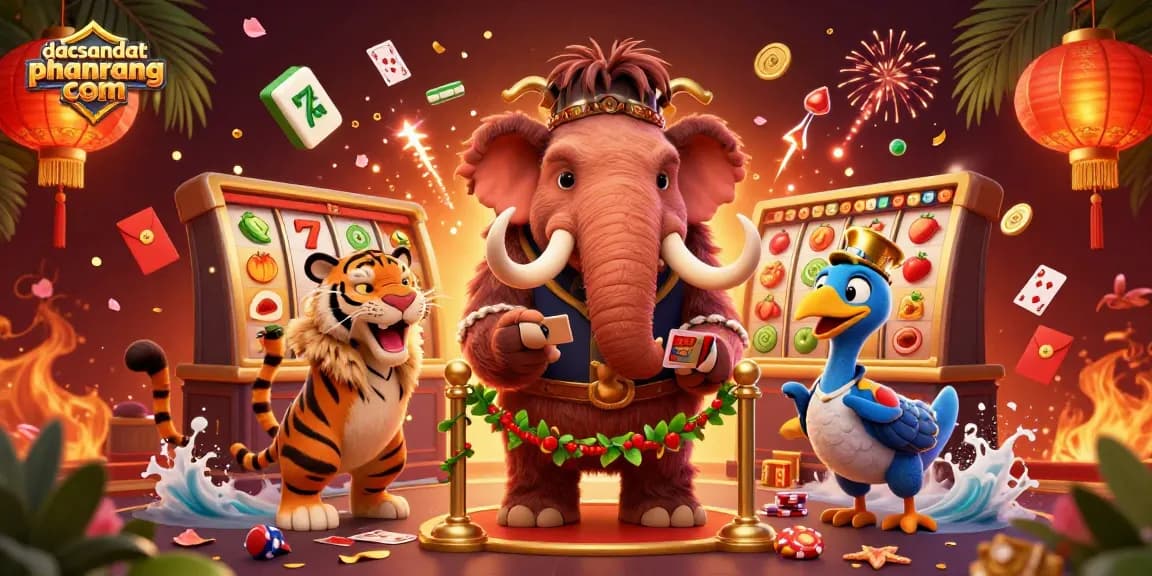 Win big with dacsandatphanrang com featuring a vibrant 3D cartoon casino scene with a woolly mammoth bouncer and dynamic game elements.